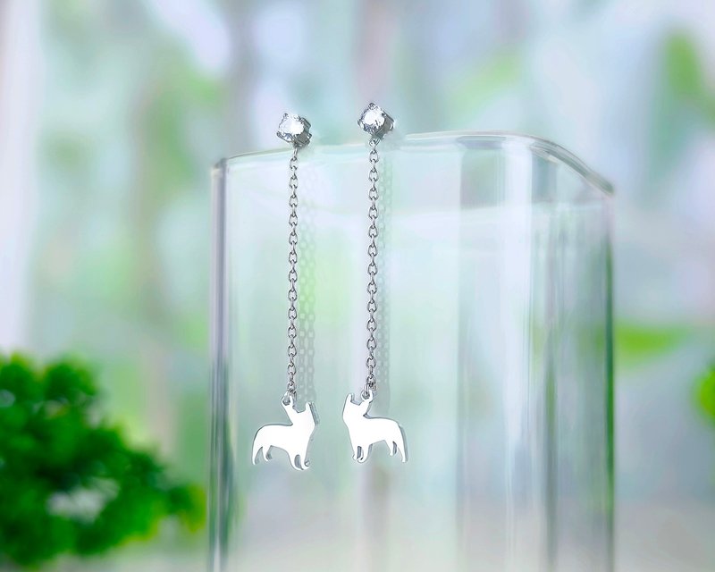 Allergy free - french bulldog diamond earring - Earrings & Clip-ons - Stainless Steel Silver