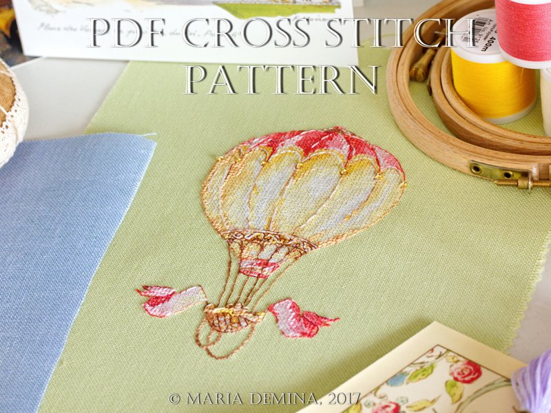 Watercolor Hot Air Balloon With Flags PDF cross stitch pattern - 手工藝教學/工具書 - 其他材質 