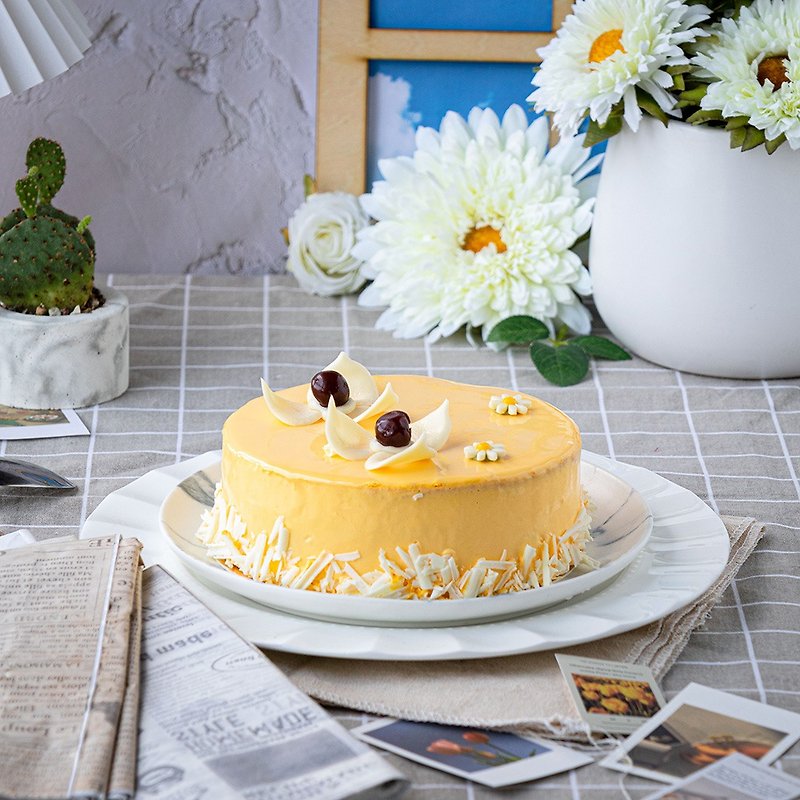 [Pu Hi Pie] Mousse Cake 6 Inch Micro-Summer Love Song Mango Mousse [One Free Shipping] - เค้กและของหวาน - วัสดุอื่นๆ สีเหลือง