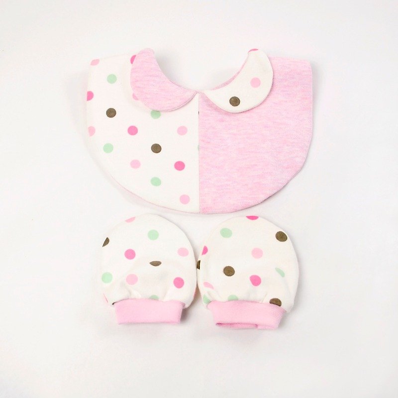 Pink dot color matching bib glove set (with small card and wrapping paper) - ผ้ากันเปื้อน - ผ้าฝ้าย/ผ้าลินิน สึชมพู