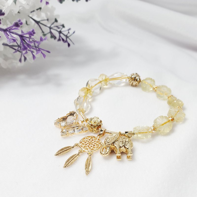 Top grade citrine flowers blooming with wealth and peace elephant dream catcher butterfly fortune bracelet single item gift - สร้อยข้อมือ - เครื่องเพชรพลอย สีเหลือง