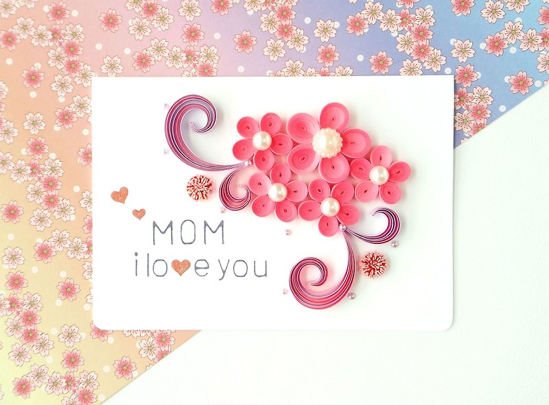 手作捲紙卡片-媽媽我愛您 母親節卡片 亮粉色小花祝福卡 - 心意卡/卡片 - 紙 粉紅色
