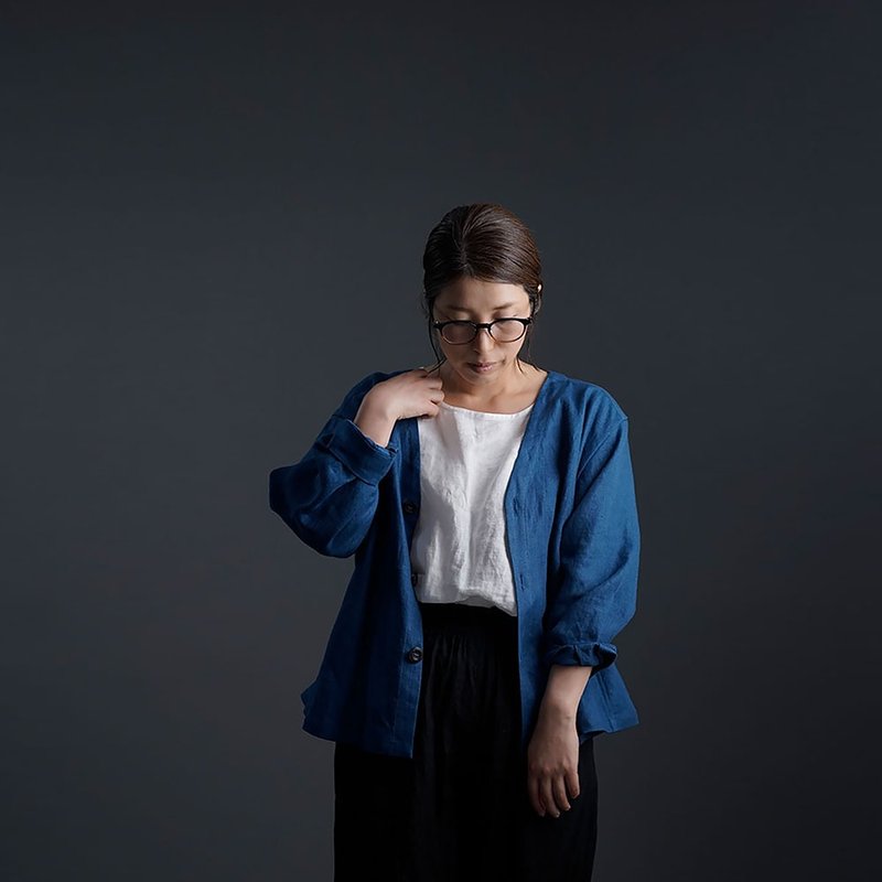 wafu --Ama woman short cloak Linen Basque jacket / Ocean h005e-ocn3 - เสื้อผู้หญิง - ลินิน สีน้ำเงิน