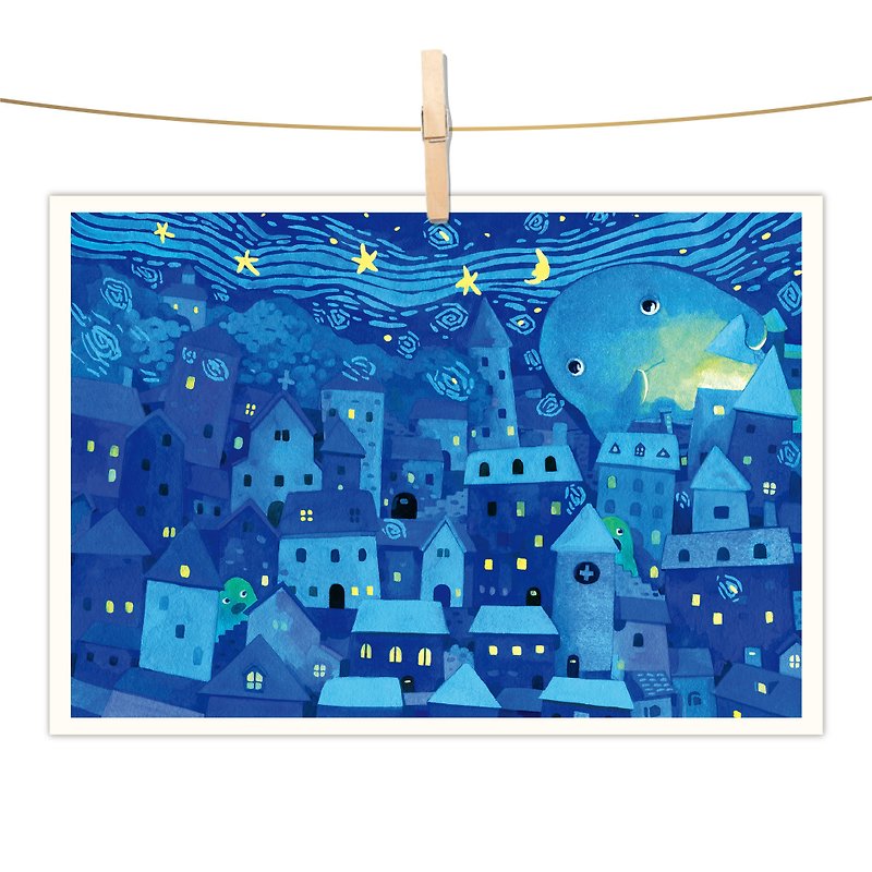 afu watercolor illustration postcard-simple starry night - การ์ด/โปสการ์ด - กระดาษ สีน้ำเงิน