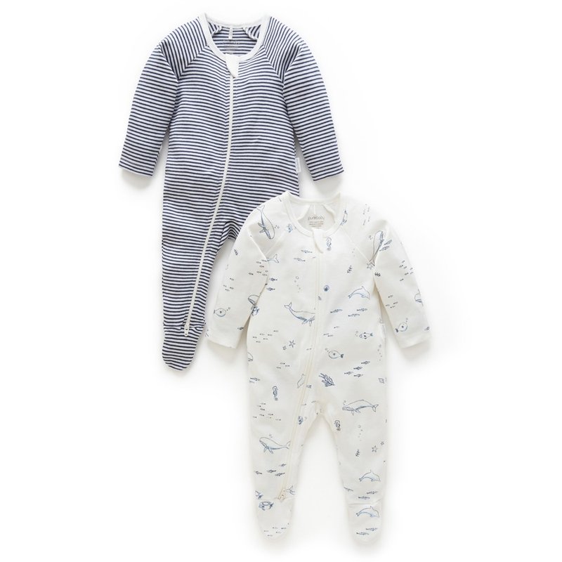 Australian Purebaby organic cotton baby foot-covering jumpsuit/newborn baby onesies 2-piece set dark blue stripes - ชุดทั้งตัว - ผ้าฝ้าย/ผ้าลินิน 