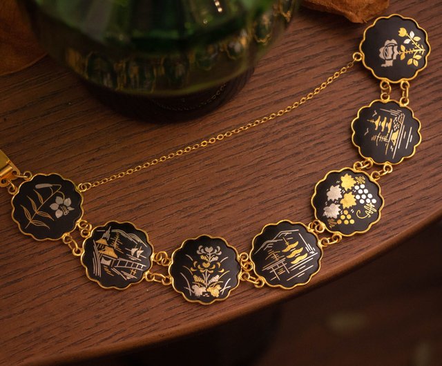 アミタ　象嵌細工　24Kゴールド& シルバー　6パネル　レディースブレスレット 日本のアミタ アンティーク象象嵌 24Kゴールド/スターリングシルバー