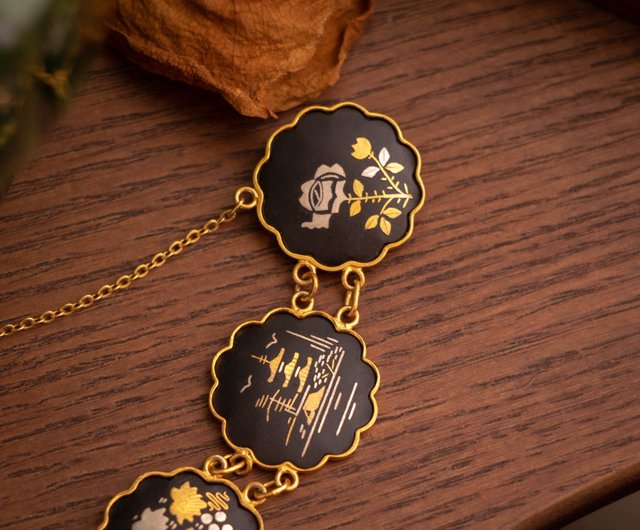 日本のアミタ アンティーク象象嵌 24Kゴールド/スターリングシルバー