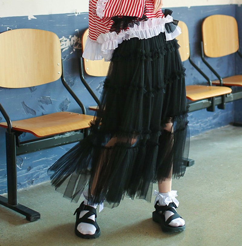 Black Spliced ​​Skirt Bottom Half Skirt - imakokoni - Skirts - Other Materials Black