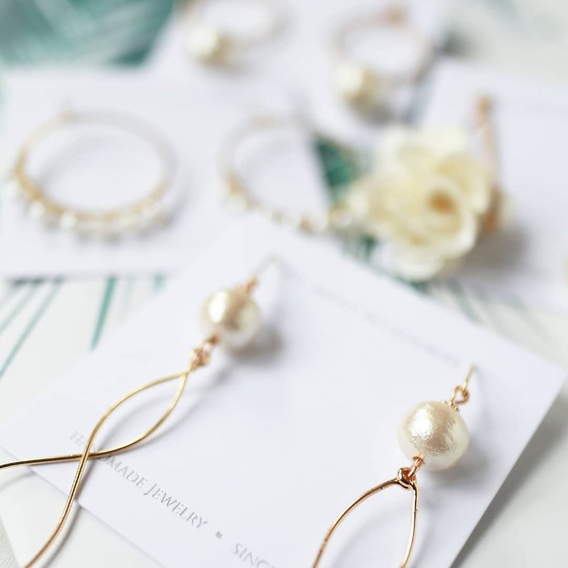 日本綿花珠系列-優雅銅絲珍珠耳環耳夾 - 耳環/耳夾 - 珍珠 多色