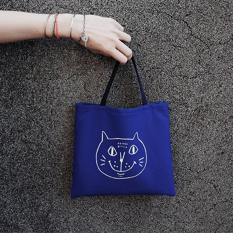 Handmade / Canvas Tote Bag / Eco Bag / Beverage Bag / Pouch Cat / Indigo + White / On Sale - Handbags & Totes - Cotton & Hemp Blue