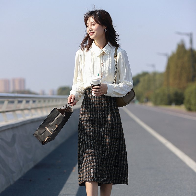 Woolen plaid skirt, retro elegant medium length skirt, new women's dress - Skirts - Other Materials Brown