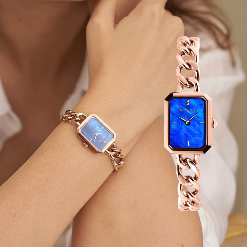 RELAX TIME rectangular bracelet style women's watch Rose Gold blue (RT-109-2-02) - Women's Watches - Stainless Steel Brown