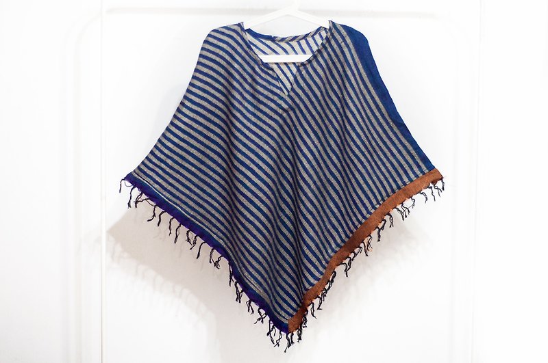 Indian ethnic tassel cloak / bohemian cloak shawl / wool hooded cloak - blue stripes - Knit Scarves & Wraps - Wool Blue