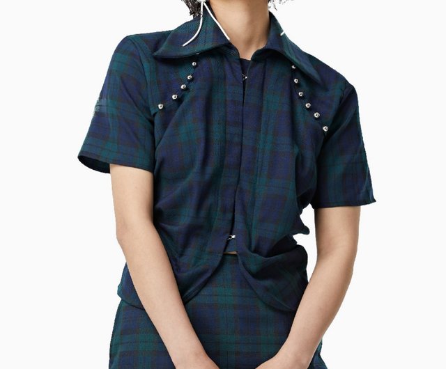 Original retro pleated waist short-sleeved shirt plaid irregular