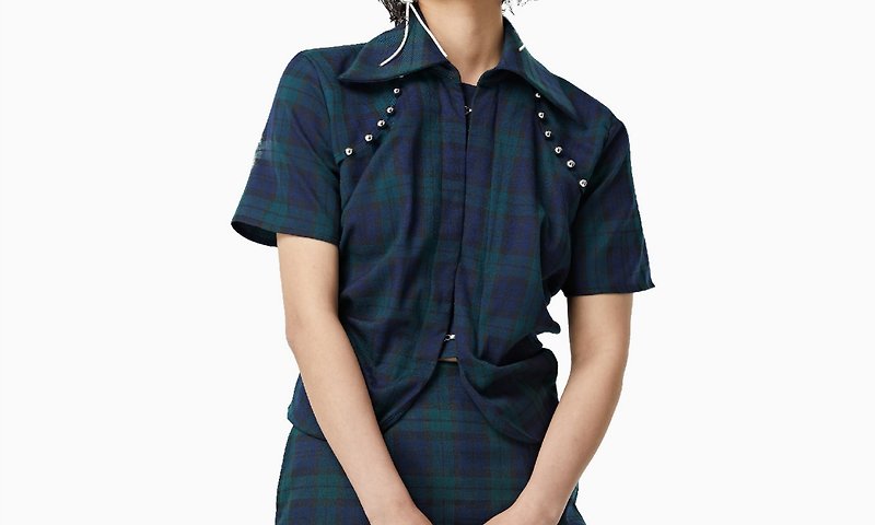 Original retro pleated waist short-sleeved shirt plaid irregular hollow button design summer - Women's Shirts - Cotton & Hemp Blue