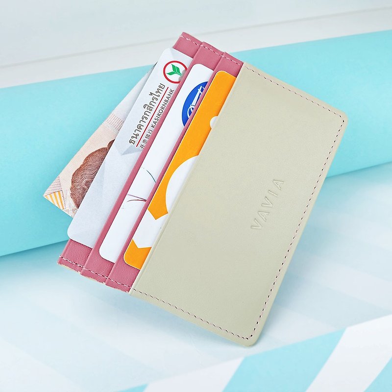 ホワイト & ミルキー ピンク 本革 カード ホルダー - 財布 - 革 ピンク
