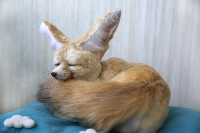 Fennec Fox realistic plush toy.Sleeping fox cub. Ooak doll. Art doll animalals - ตุ๊กตา - วัสดุอื่นๆ ขาว