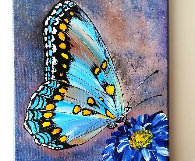 青い蝶のアクリル絵画キャンバス上の昆虫アート - 美しさを発見