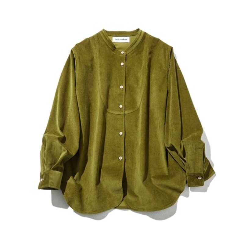 A relaxed and stylish corduroy shirt in light grey and yellow-green 230208-2 - เสื้อผู้หญิง - ผ้าฝ้าย/ผ้าลินิน 