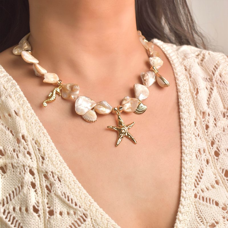 Natural shell necklace, starfish pendant, stainless steel material, does not fad - Necklaces - Pearl White