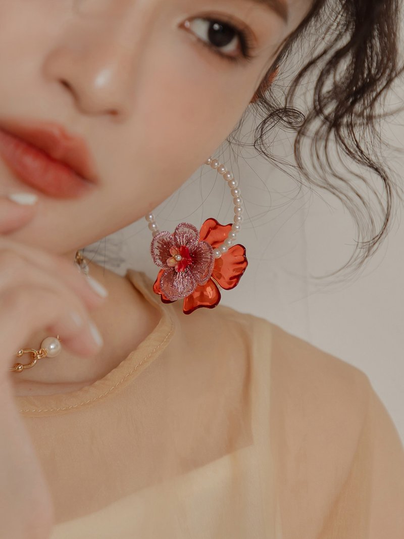 Hello Versace. MUCHAT Handmade 14KGP Pearl Red Flower C-Hoop Sterling Silver Post Earrings - Earrings & Clip-ons - Other Metals Red