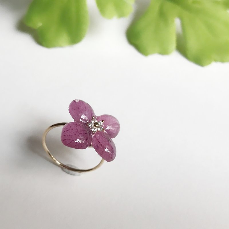 Real flower Purple Hydrangea Ring Gold-plated - แหวนทั่วไป - พืช/ดอกไม้ สีม่วง