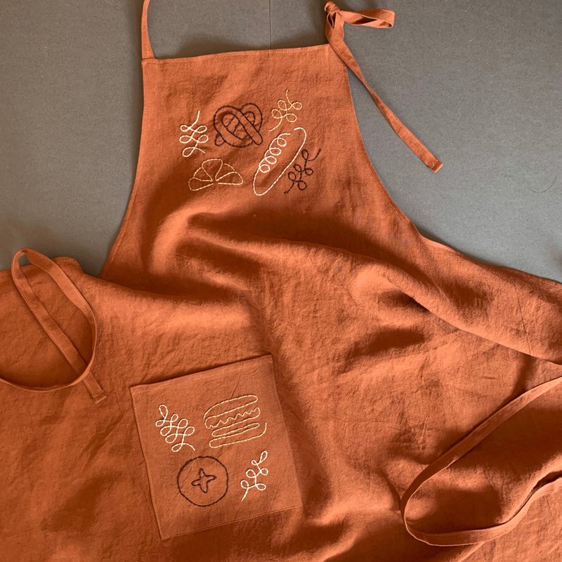 Original Embroidered Apron    In love with bread    Renga - ผ้ากันเปื้อน - ผ้าฝ้าย/ผ้าลินิน สีส้ม