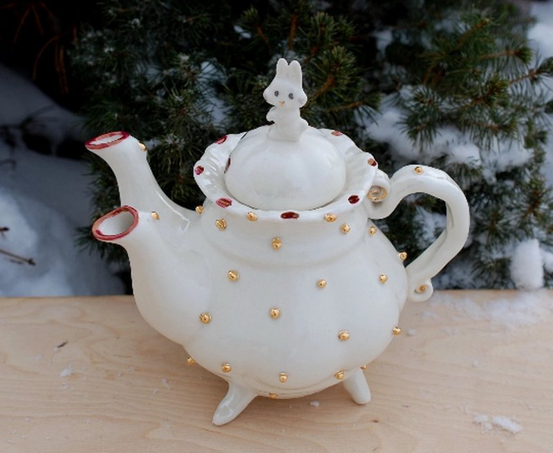 Double Spout Teapot Handmade white porcelain teapot Whimsical sculpture Teapot - 茶壺/茶杯/茶具 - 瓷 白色