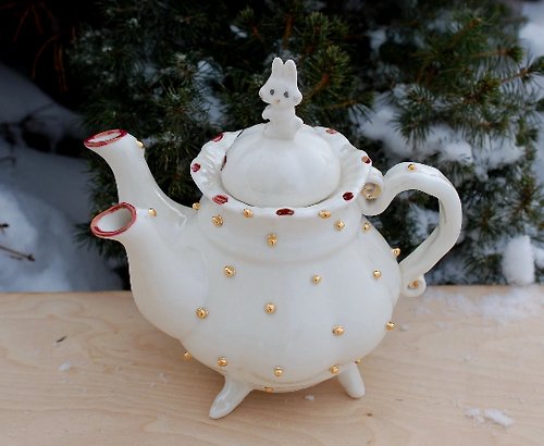 PorcelainShoppe Double Spout Teapot Handmade white porcelain teapot Whimsical sculpture Teapot
