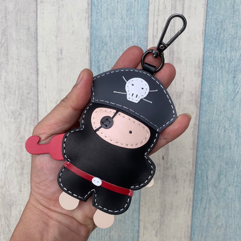 Healing small things black/grey cute pirate hand-stitched leather keychain large size - Keychains - Genuine Leather Black