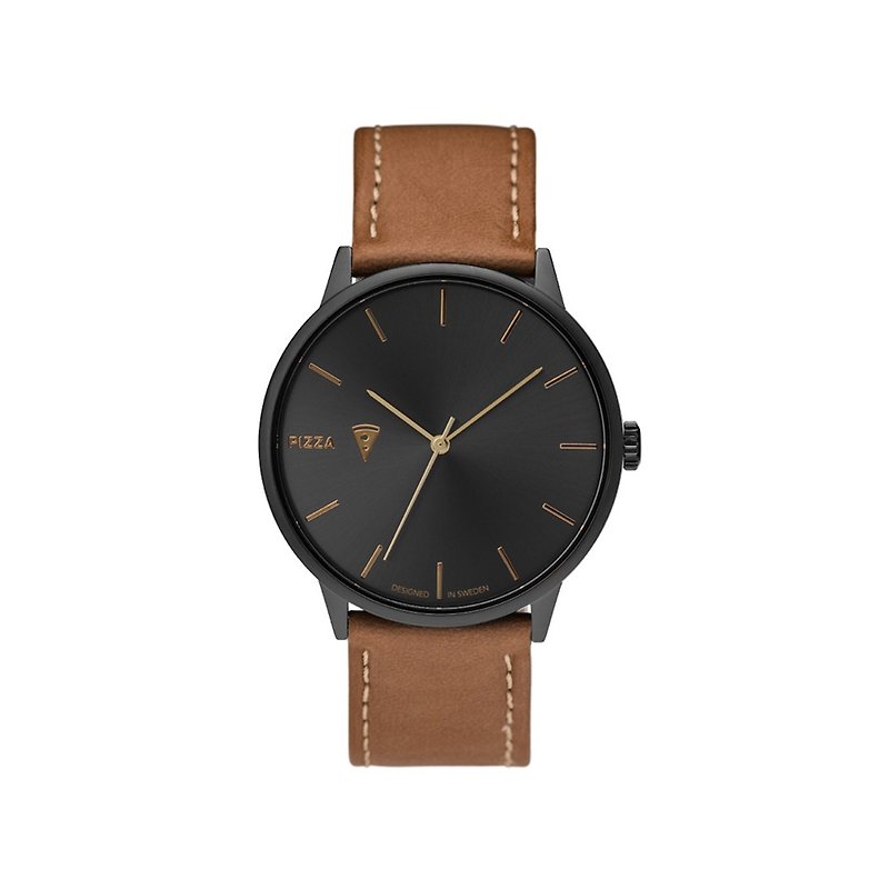 Khorshid系列 - Pizza 黑錶盤棕皮革 手錶 - 男錶/中性錶 - 人造皮革 咖啡色