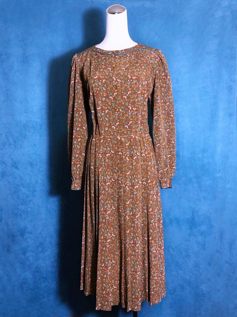 Lake green piping flowers light antique long-sleeved dress / bring back VINTAGE abroad - One Piece Dresses - Polyester Brown