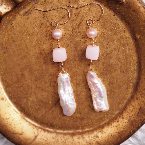 Maya Tara 瑪雅塔拉 14KGF 粉紅蛋白石 珍珠 長型耳環 天然石 Pink Opal earrings