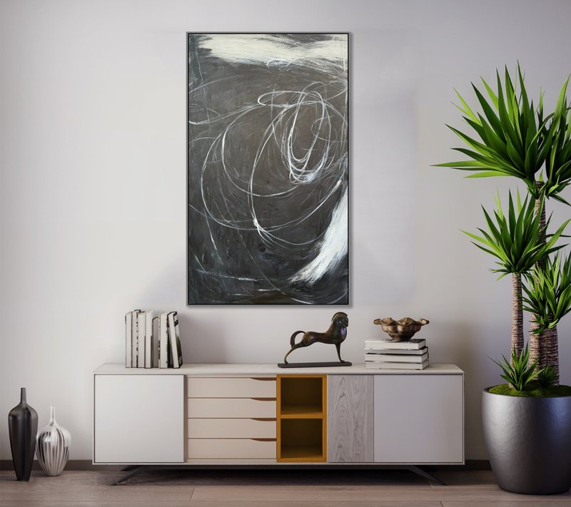 Monochrome Abstract Art Large Black and White Minimalist Canvas Modern Canvas - 壁貼/牆壁裝飾 - 壓克力 黑色