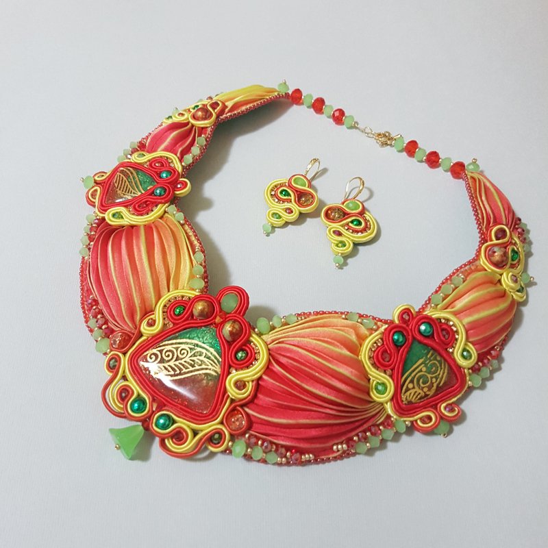 Shibori Necklace Shibori set  Soutache Necklace One of a kind jewelry set - 項鍊 - 其他金屬 紅色