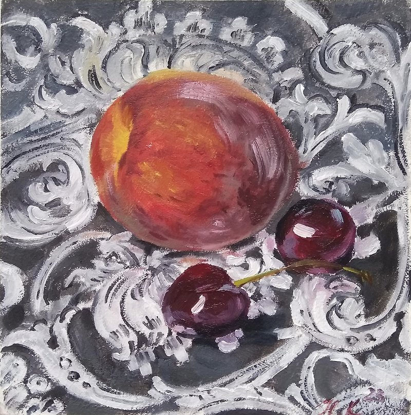 桃の静物画 Peach Still life Art, Fruit Still life Original Oil Painting, Fine Art - Wall Décor - Other Materials Multicolor