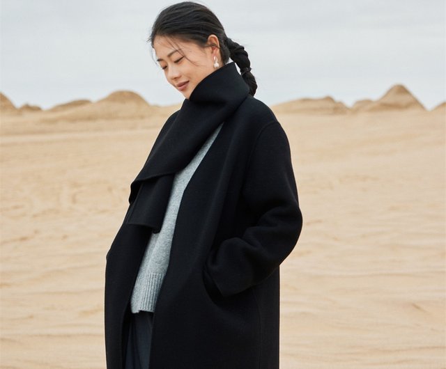 女性用両面カシミヤコート、ミドル丈スーツタイ、ダブルブレスト