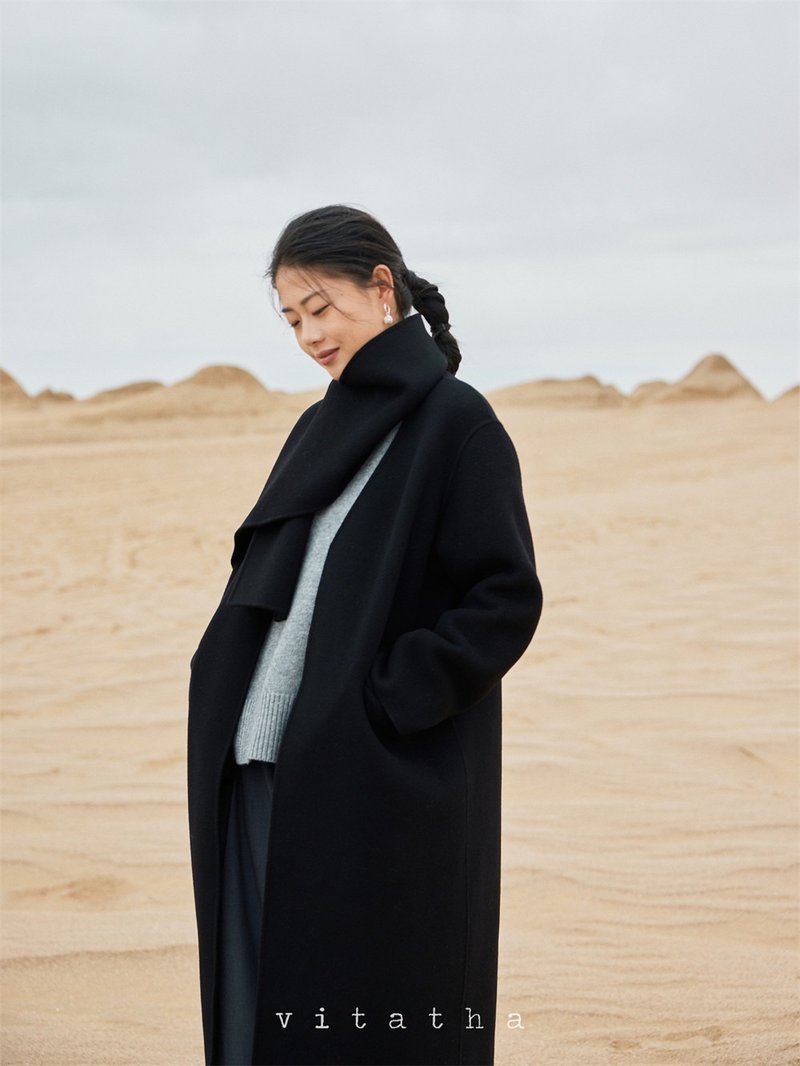 Black draped scarf style layered collar long coat double-sided cashmere wool coat - เสื้อแจ็คเก็ต - ขนแกะ สีดำ