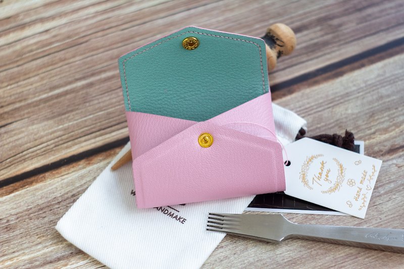Girly Pink and Mountain Lake Blue/French Sheepskin Small Card Holder - Card Holders & Cases - Genuine Leather Pink