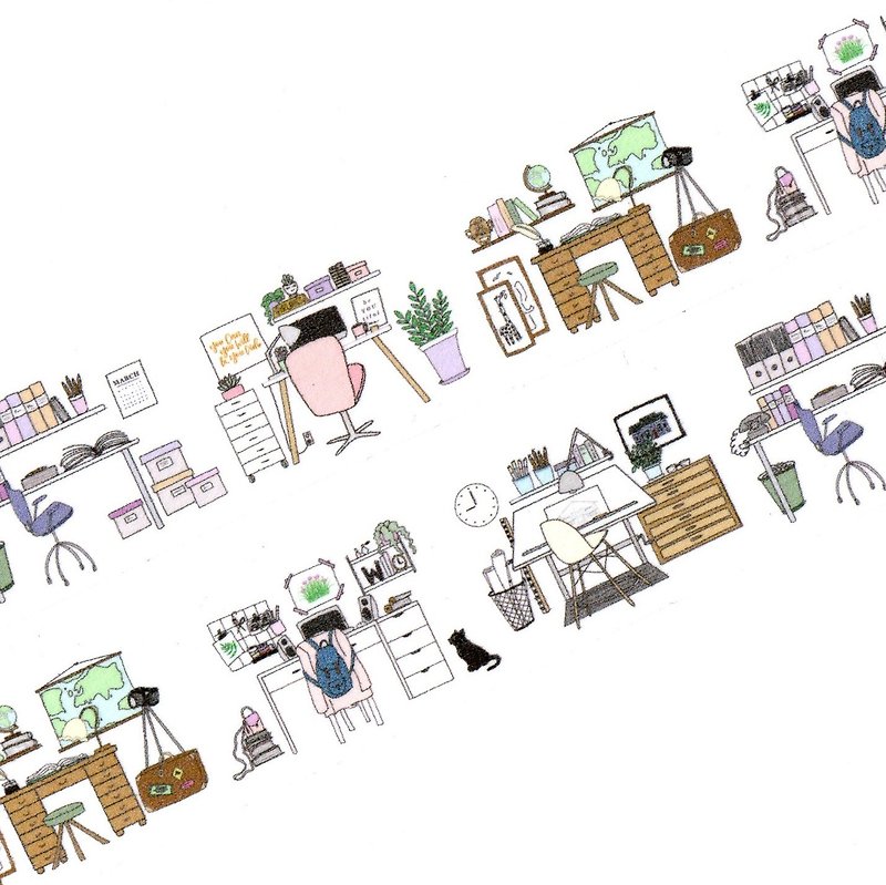 Where I Work - Cute Handdrawn illustrations of Desk & their surrounding Interior - Washi Tape - Paper White