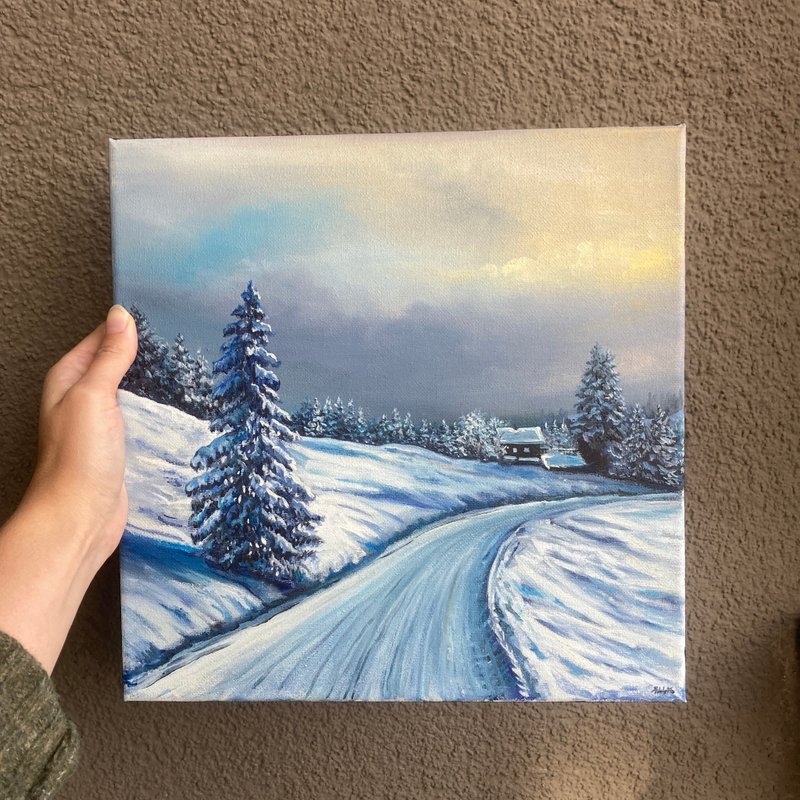 Landscape Oil Painting On Canvas Winter Artwork, Classical Painting Trees Snow - 海報/掛畫/掛布 - 棉．麻 藍色