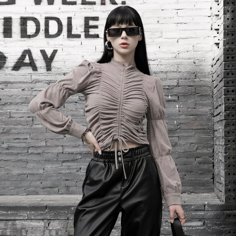 Contemporary Pagan Drawstring Puff Sleeve Top- Khaki/Black - เสื้อผู้หญิง - วัสดุอื่นๆ สีกากี