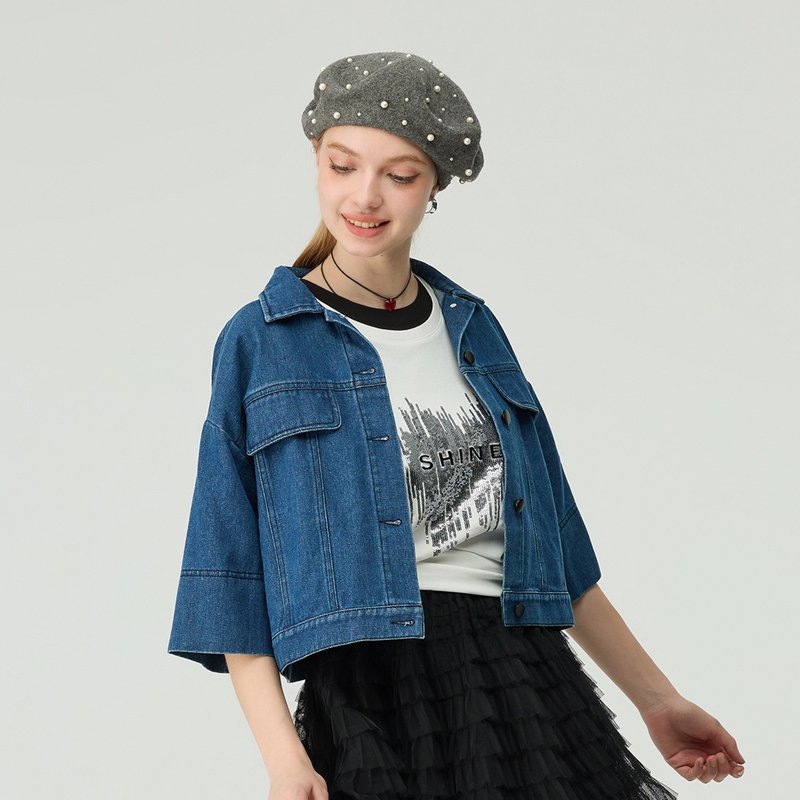 OUWEY Ou Wei's straightforward short-sleeved pure cotton denim short jacket (blue) 3243168412 - เสื้อแจ็คเก็ต - ผ้าฝ้าย/ผ้าลินิน สีน้ำเงิน