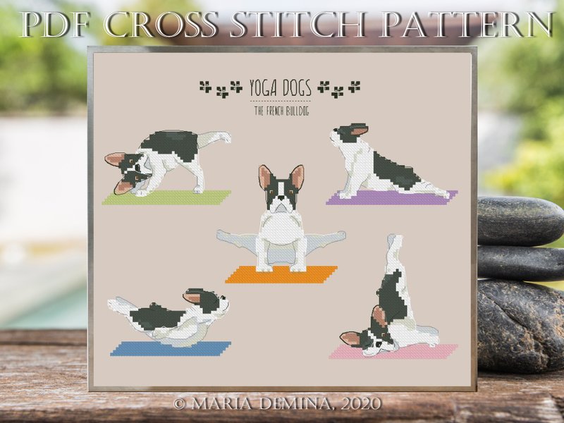 French Bulldog Yoga (black and white) modern PDF cross stitch pattern - 手工藝教學/工具書 - 其他材質 