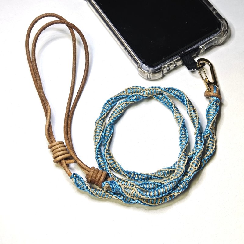 Custom _Ocean blue with khaki mobile rope, adjustable neck/rope dual-use-3 - เชือก/สายคล้อง - หนังแท้ สีน้ำเงิน