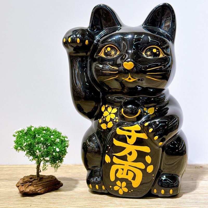 清水焼の招き猫 | 色絵、黒地、金桜、特大 - 置物 - 磁器 ブラック