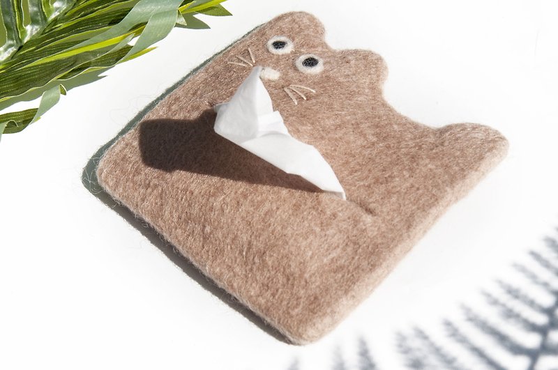Wool felt facial tissue bag/cat fur baby facial tissue bag/animal shaped leisurely card holder-lotus root cat embroidery - อื่นๆ - ขนแกะ สึชมพู