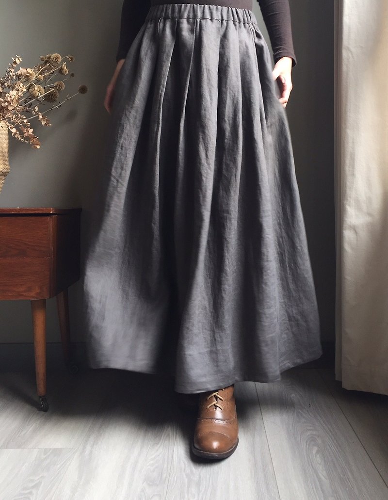 #深灰#暖灰#Pocket and long skirt 100% linen - กระโปรง - ผ้าฝ้าย/ผ้าลินิน สีเทา
