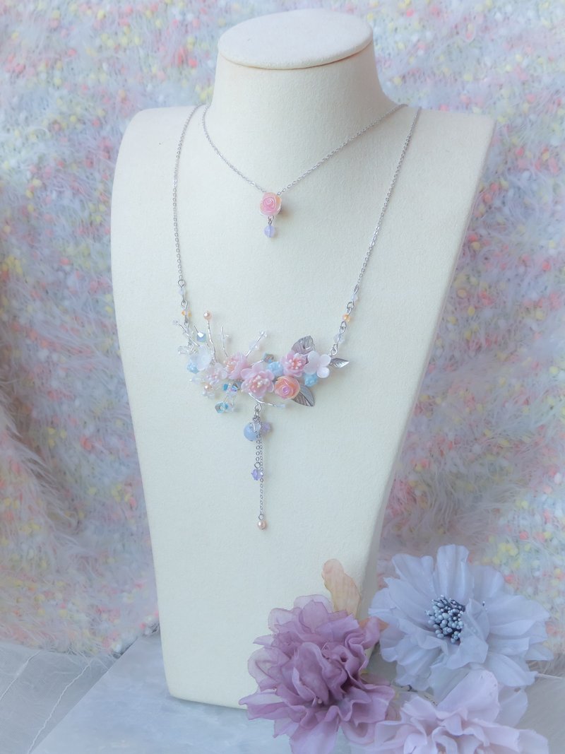 #9 ZODIAC Libra Plum Blossom 925 Silver 2-in-1 Bouquet Necklace - สร้อยคอ - ดินเหนียว สึชมพู