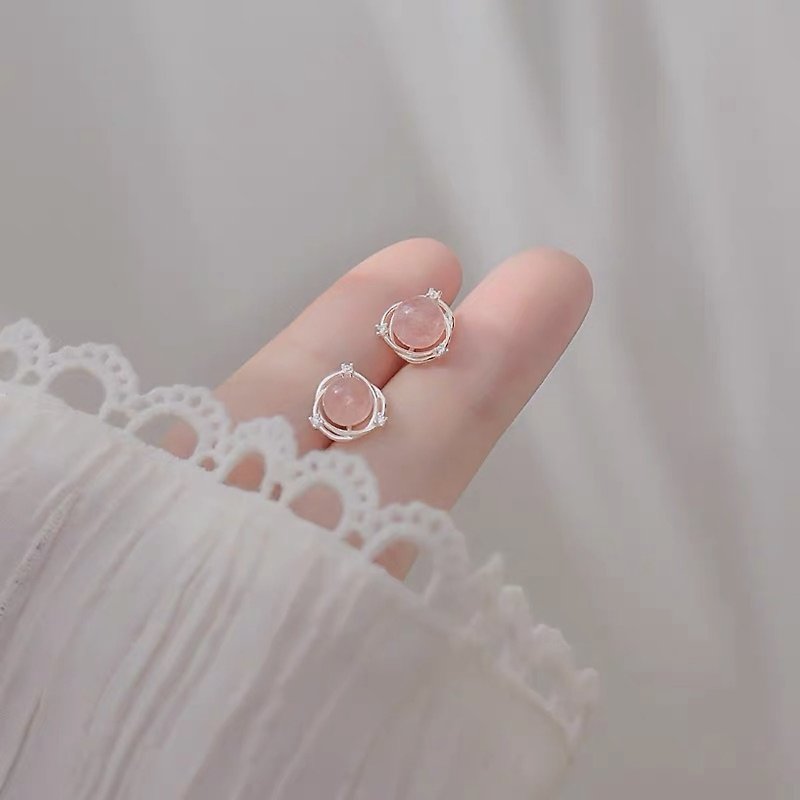 925純銀 甜美浪漫草莓晶 鋯石耳環 純銀耳環 水晶球 - 耳環/耳夾 - 純銀 粉紅色